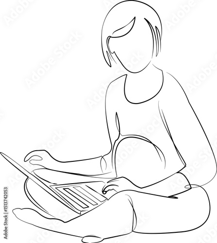 One continuous line drawing on white isolated background. Minimalism linear illustration. laptop, pregnant, woman, indoor, one person, anticipation, computer, technology, working