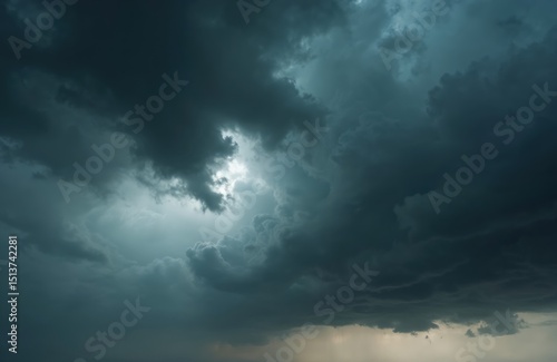 Fototapeta Naklejka Na Ścianę i Meble -  Dramatic dark storm clouds, black sky background. Heavy thunderstorm cloudscape rainy atmosphere, meteorology disaster climate, gloomy cloud sky, strong winds, dangerous weather.
