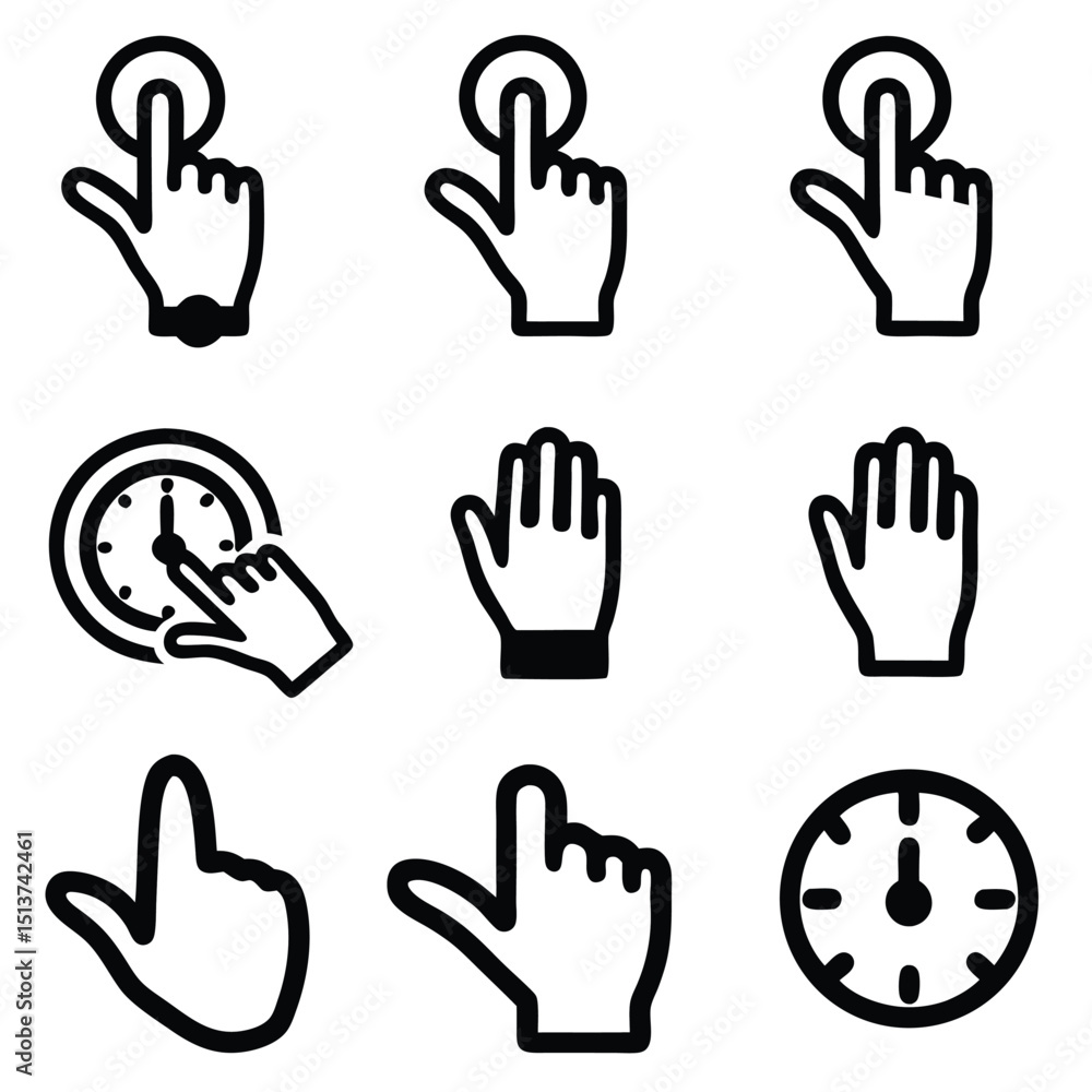 Fototapeta premium Hand gestures and time icons in black and white vector format