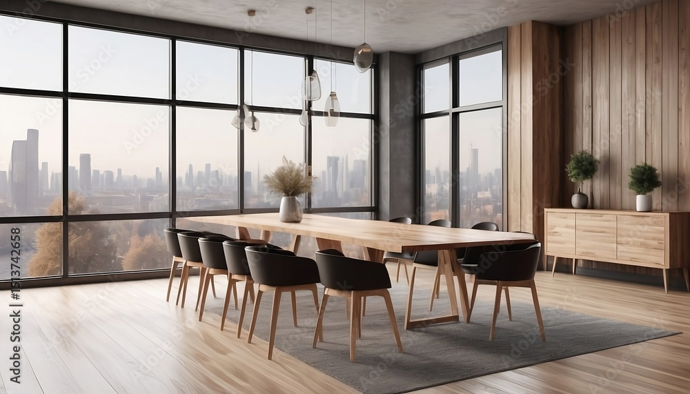 Fototapeta premium Modern dining room with large empty wall on the left, wooden furniture, and wide windows overlooking a cityscape,, created with generative ai