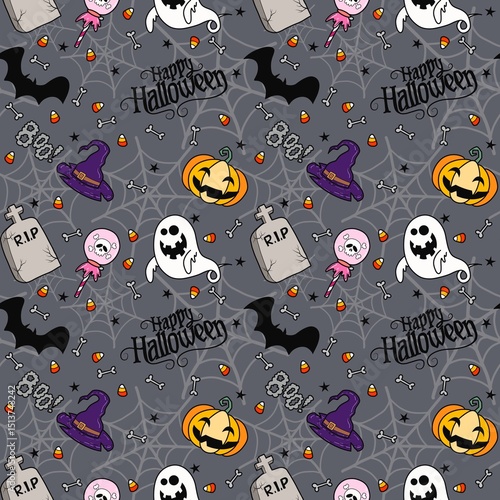 Halloween seamless pattern - creepy pumpkin lanterns with scary faces, traditional holiday halloween symbols ,seamless texture