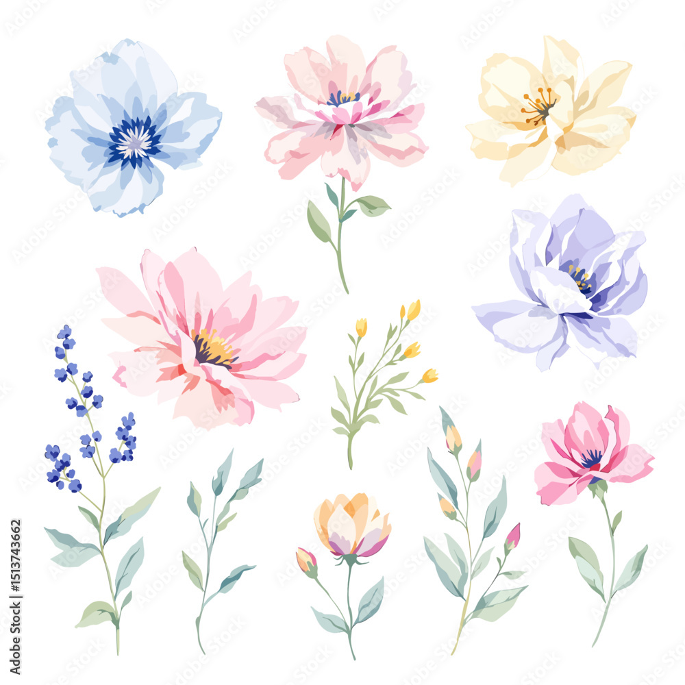 Set of watercolor flowers on white background, Set watercolor Flowers Clipart Set of watercolor flowers on white background, Set watercolor Flowers Clipart