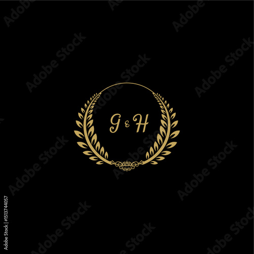 GH beautiful, feminine and elegant wedding monogram initial logo with circle floral gold