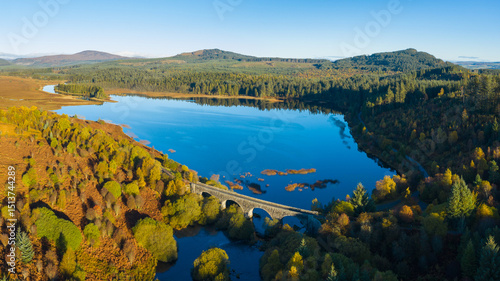Aerial view of Stroan Loch in autumn, Galloway Forest, Dumfries & Galloway, Scotland