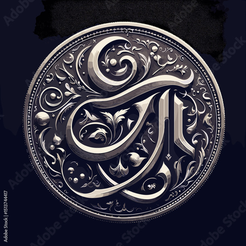 Antique coin design featuring intricate floral patterns in silver  