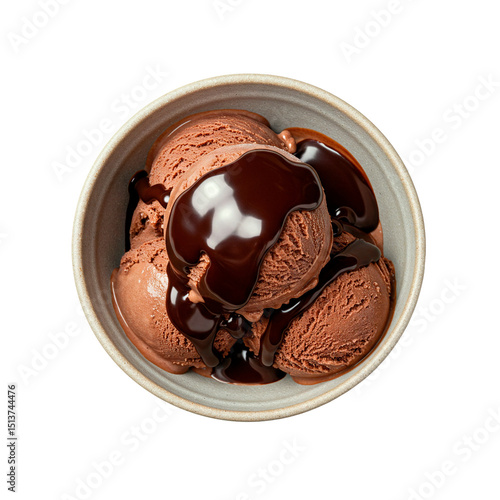 Top view of a ceramic bowl filled with chocolate ice cream scoops topped with thick chocolate syrup, isolated on a transparent background.