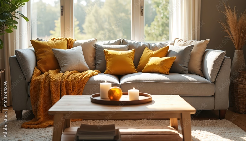 Obraz premium Cozy living room interior with comfortable sofa, decorative cushions, warm blanket. Modern design features table, candles, natural light, plants. Relaxation, home decor, residential apartment