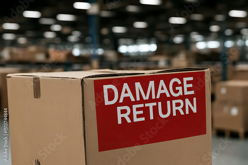Damaged return in a warehouse, ready for processing. The focus is on the red label which clearly states the item is damaged and to be returned.