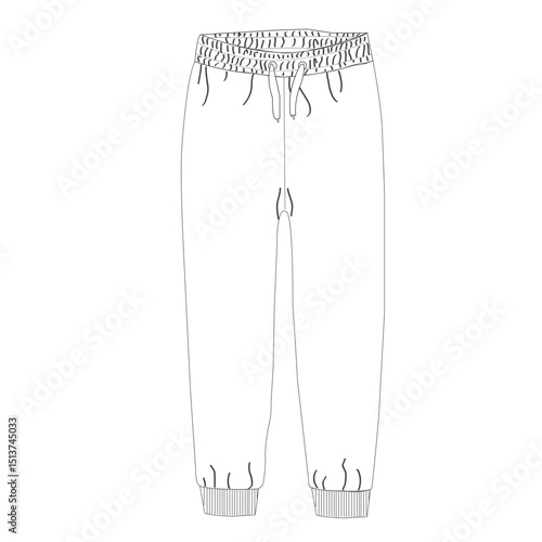 Flat sketch  pajama with elastic waist and drawstring Front and back views,  apparel design, sleepwear

