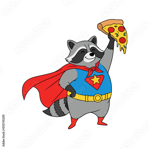 Funny Superhero Raccoon Holding Pizza Slice Cartoon Vector

