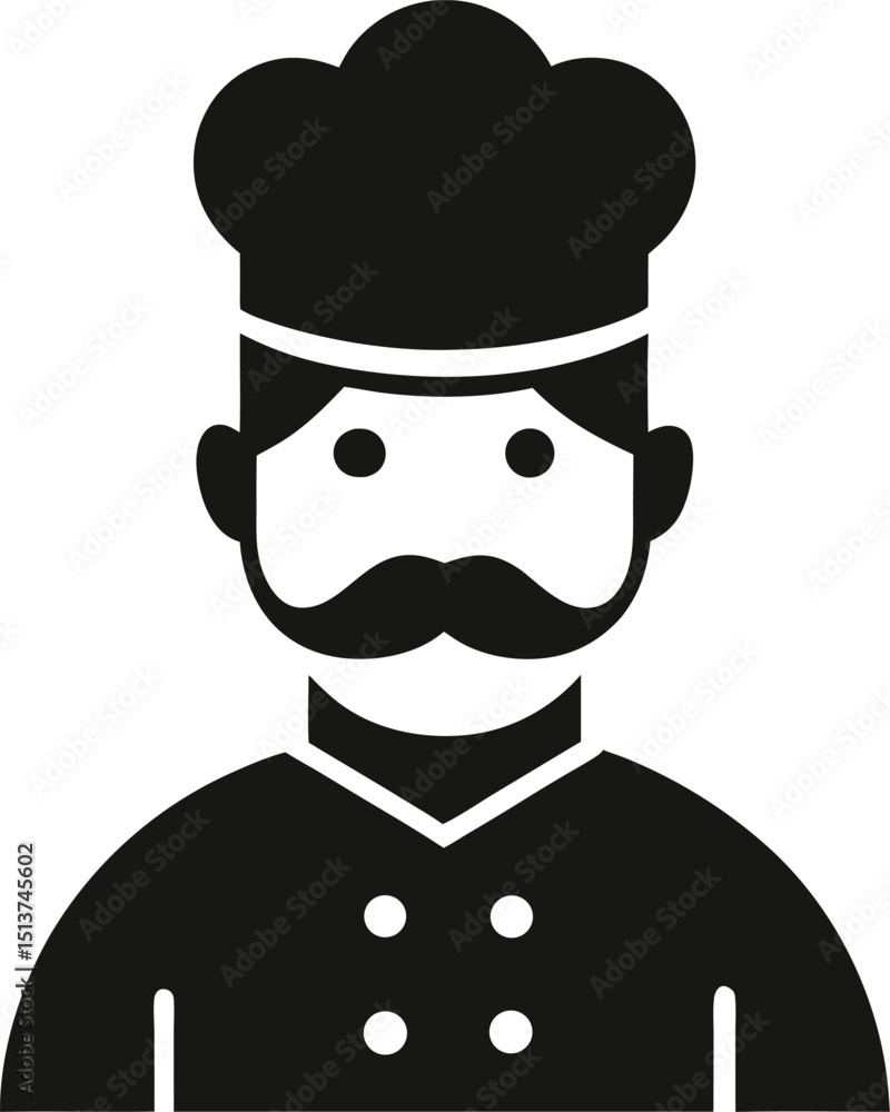 A solid black icon of a chef with a classic hat, mustache, and uniform collar. A solid black icon of a chef with a classic hat, mustache, and uniform collar.