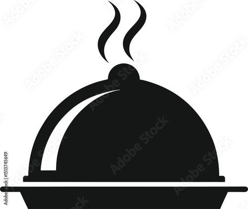 A minimal black icon of a cloche with steam rising, placed on a flat tray.
