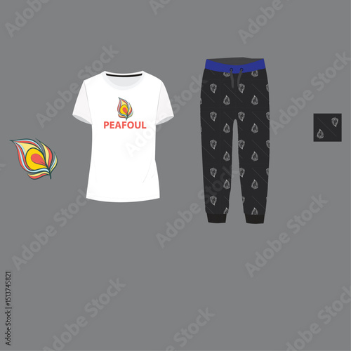 Womens sleepwear set top and bottom  short sleeve t shirt and long pant sleep set fashion flat sketch vector illustration template. technical drawing cad mockup isolated on white background.