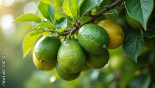 Wallpaper Mural Fresh green limes hanging on tree branch with leaves. Organic citrus fruits rich vitamin C. Healthy fresh fruits ripe garden. Vitamin cocktail ingredients. Summer harvesting. Torontodigital.ca
