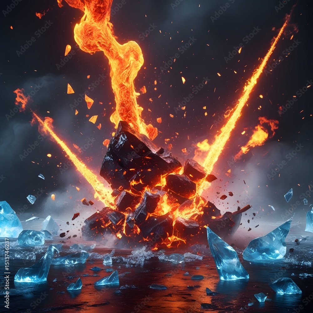 Fototapeta premium Exploding fire and ice elements collide amidst a dark backdrop, with molten lava shards and ice shards scattering.