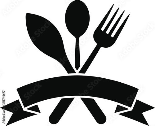 Restaurant elements cutlery set with ribbon icon vector illustration on transparent background.