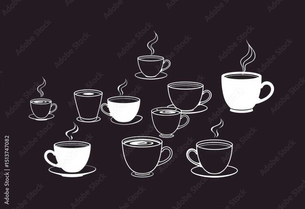 Single-line vector drawing of various coffee cups, elegant continuous line art, latte, cappuccino Single-line vector drawing of various coffee cups, elegant continuous line art, latte, cappuccino