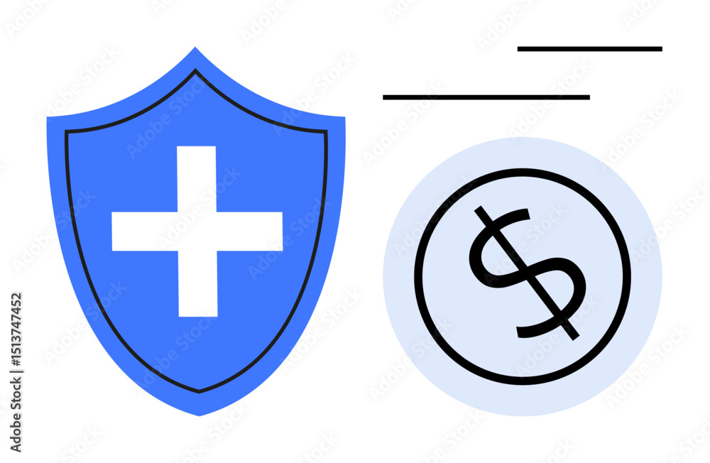 Fototapeta premium Blue shield with cross signifying protection and safety paired with a dollar symbol inside a circle for financial stability. Ideal for insurance, healthcare, savings, investment, budget planning