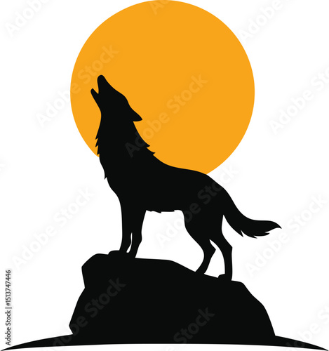 Silhouette of a wolf howling at the moon on a rock formation
