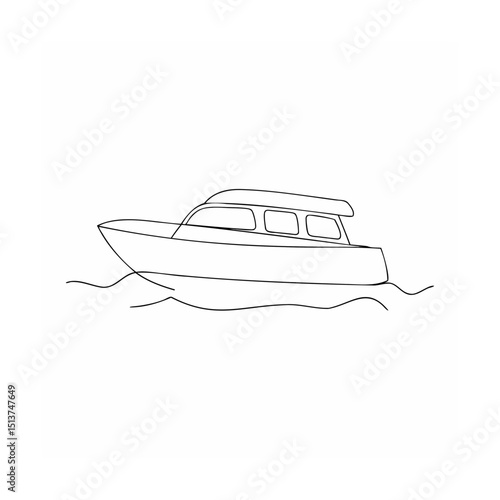 Simple line art illustration of a motorboat floating on the water in calm seas