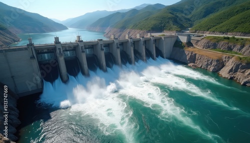 Hydroelectric dam generates power. Water flow from reservoir. Renewable energy industry, green tech concept. Climate change, clean resources, modern engineering. Ecology, environment protection.