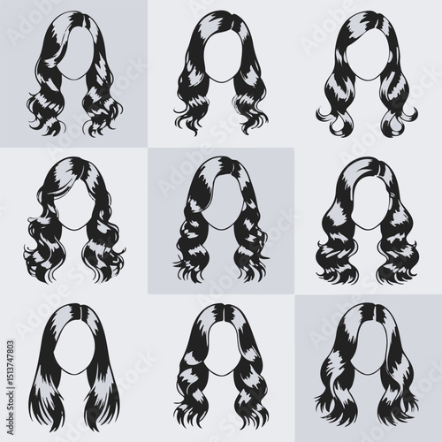 Collection of stylized long wavy hairstyles in a black and white design suitable for beauty salons and fashion branding.