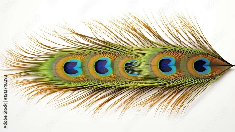 Obraz premium A close-up of a peacock feather, focusing on the vibrant, iridescent eye pattern in the center, displaying a stunning range of blues, greens, and golds