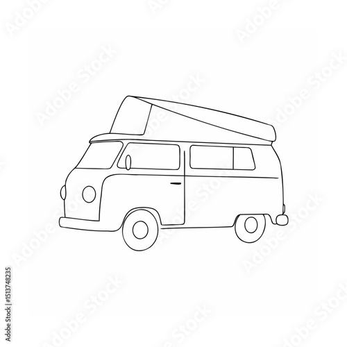 Line drawing illustration of a vintage campervan with a pop-up roof isolated on white background