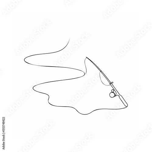 Simple and elegant minimalist line art illustration of a fishing rod with a fish line