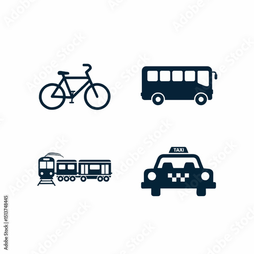 Graphic icons showcasing different types of transportation including bicycle, bus, train, and taxi. 