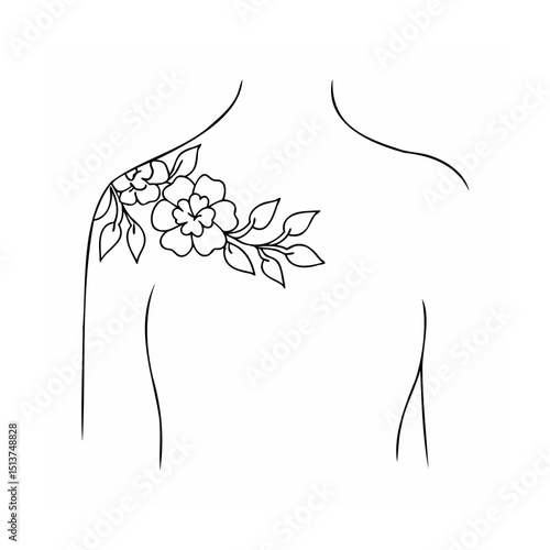 Elegant minimalist floral shoulder tattoo design featuring blossoms and delicate leaves outlines