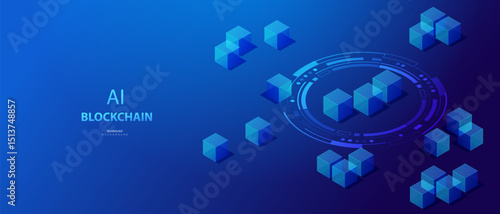 Blockchain isometric concept. Cryptocurrency and blockchain connected cube blocks banner. Big data Ai chain technology background. Data transmission crypto operations vector.