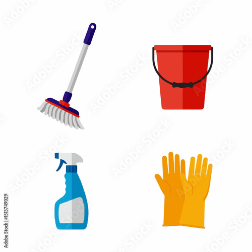 Cleaning Tools Set Featuring Mop, Bucket, Gloves, and Spray Bottle on White Background