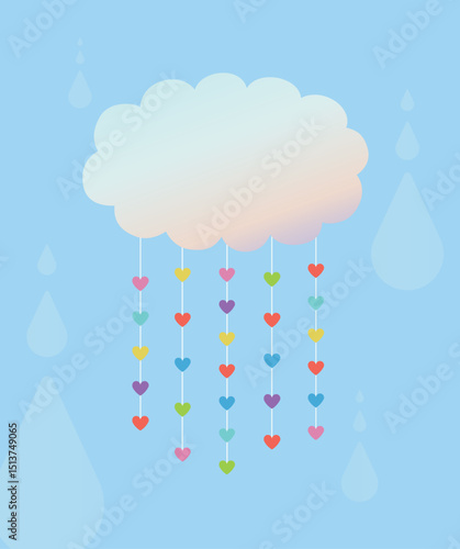 Vector illustration on a rainy day with colorful hearts hanging on cloud