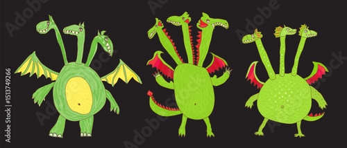Vector fairy tale 3-headed dragons on a black background