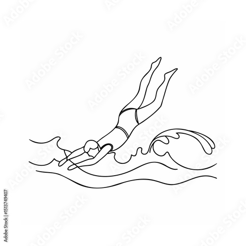 One continuous line drawing depicting a swimmer diving into water with artistic flair