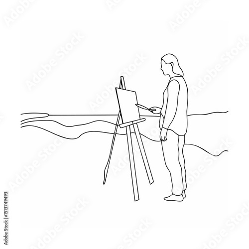 An artist painting a landscape with an easel outline illustration in black and white
