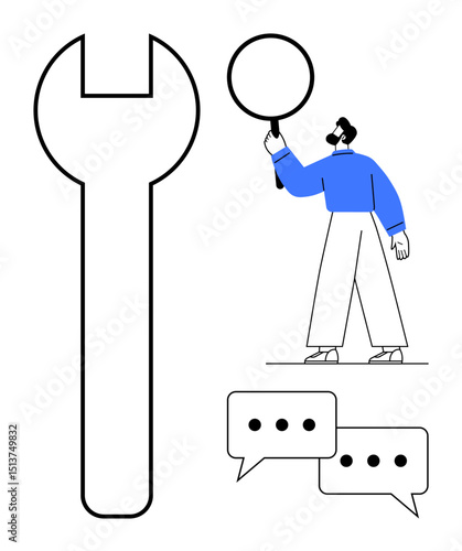 Man holding magnifying glass, large wrench symbol, and two speech bubbles with dots. Ideal for analysis, problem-solving, communication, mechanics, support, collaboration simple landing page