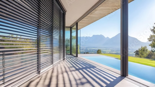 Modern home with infinity pool and mountain view.  Sunlit patio with sleek blinds