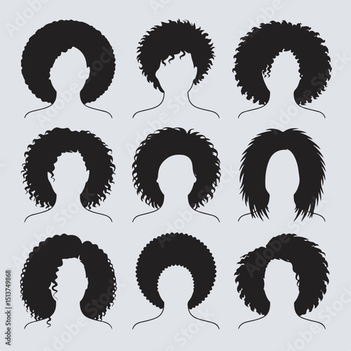 Silhouettes of afro hair styles in black and white depicting different textures and voluminous natural curly hair looks