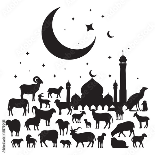 Eid al-Adha Celebration with Sacrificial Animals Vector Set