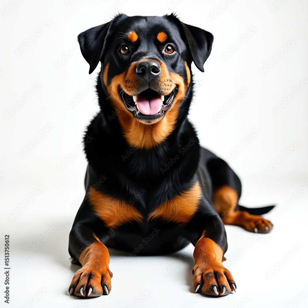 Fototapeta premium Rottweiler dog laying front with open mouth. Smiling happy canine pet puppy isolated on white background. Black and brown fur, domestic animal, friendly face, studio portrait.