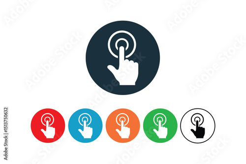 Illustrated icon set of pointing hand with finger pressing a button circle design