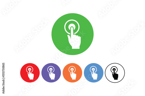 Vector illustration of a hand pointing and pressing a button icon in diverse colors