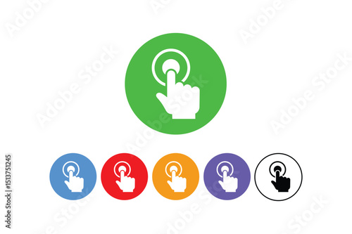 Vector illustration of a finger pressing a button design in different color variations.
