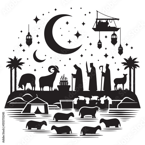 Eid al-Adha Celebration with Sacrificial Animals Vector Set