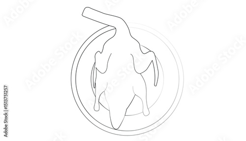 Top view line art illustration of a whole roasted Duck on a plate. Suitable for food illustrations.