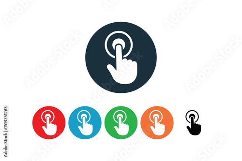 Vector illustration of a hand pressing a touch button in multiple vibrant color variations