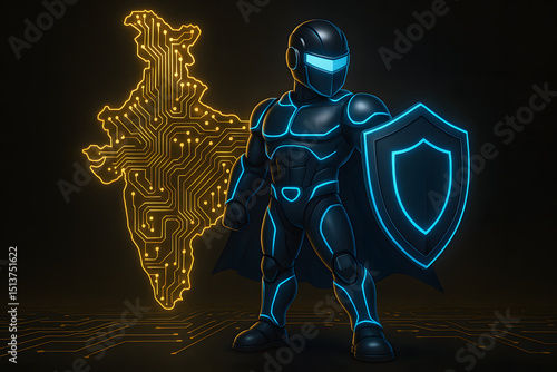 Cyber warrior with glowing shield in futuristic suit standing in front of digital India map, cybersecurity defender concept, tech protector illustration, AI armor hero, technology patriot, digital saf