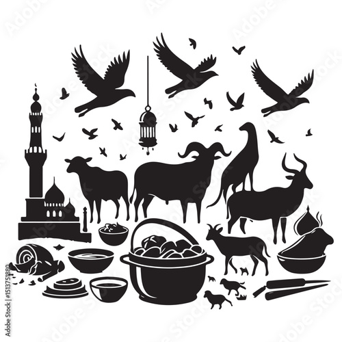 Eid al-Adha Celebration with Sacrificial Animals Vector Set